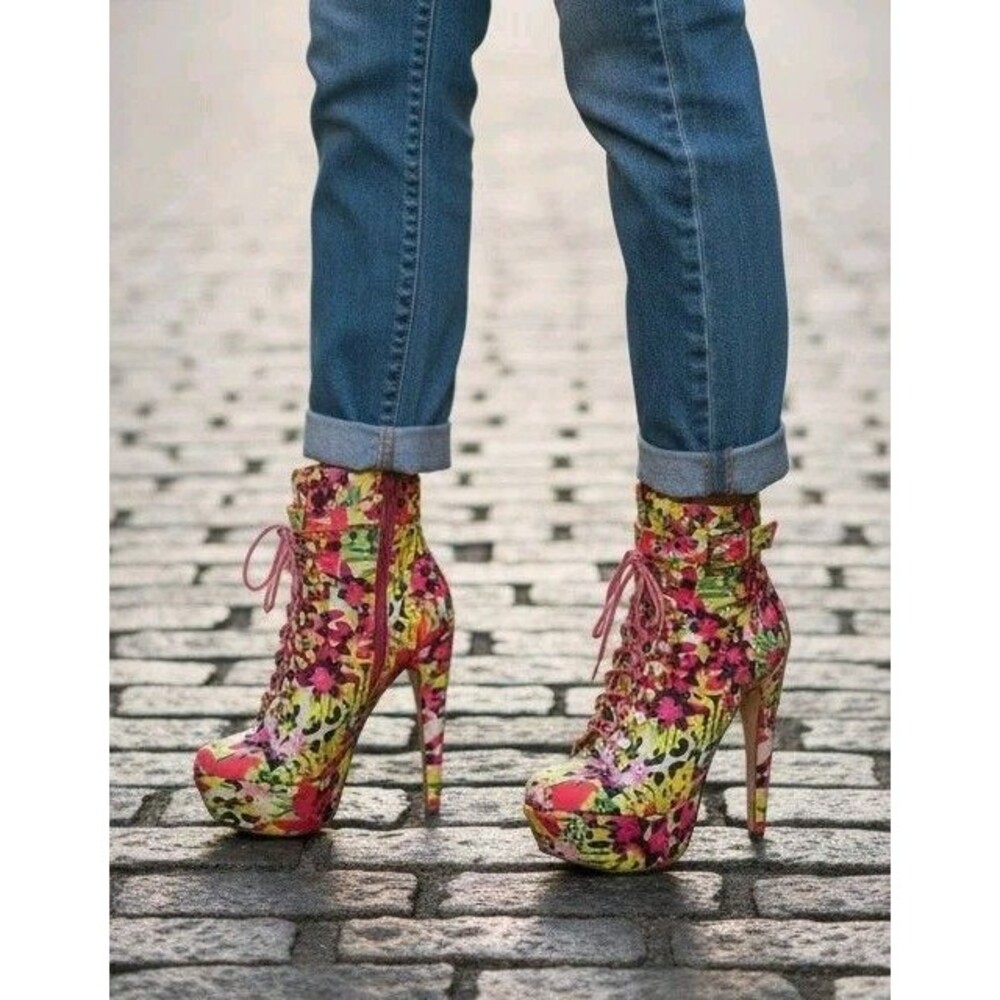 Venisha Pink Floral Lace Up Buckle Banana Heel Ankle Boot by the brand Mona Mia,
